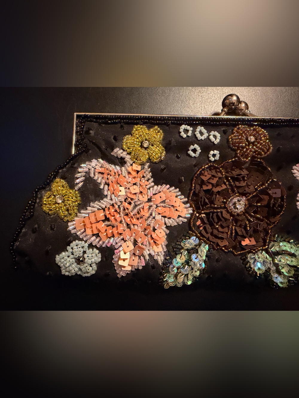 Beaded Floral Sequin Evening Clutch - Black with Multicolor Embroidery - Picture 3 of 7